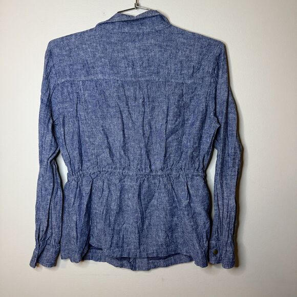 Old Navy Utility Jacket Size Medium M Blue Linen Blend Chambray Full Zip Snaps - Picture 5 of 6